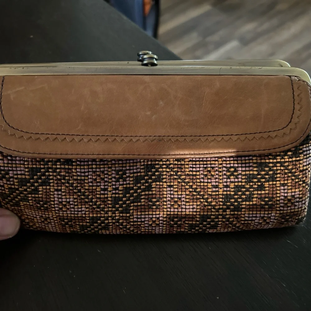 HOBO Tan Leather and Patterned Fabric Hobo Bag